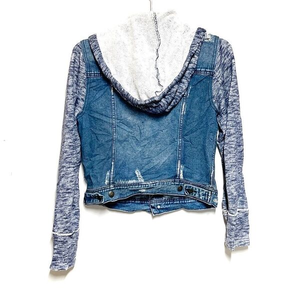 Free People Mixed Media Space Dye Knit Hooded Denim Jean Jacket Blue Size XS - Picture 5 of 10